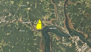 Wagon Hill Farm, highlighted in yellow on this map, sits at the mouth of the Oyster River on Little Bay
