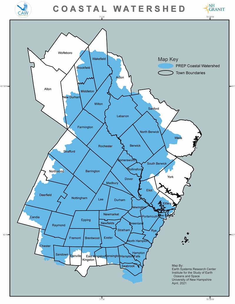 Image Text: Coastal Watershed.<br />
The image is a map with a grey background. The map shows municipal boundaries. On top of the municipal boundaries is a blue outline of the watershed. 