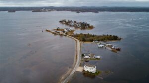 Overhead image of flooding on island, path hampton