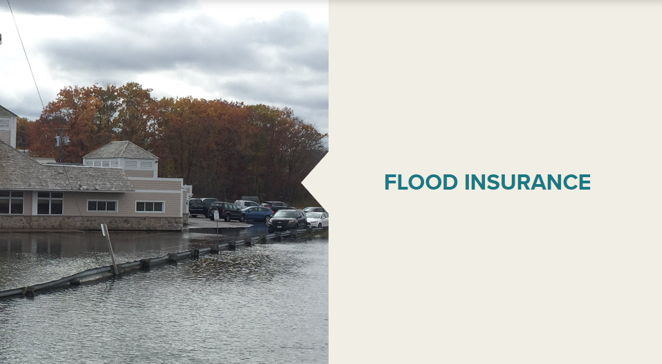 Banner with text "Flood Insurance" next to a parking lot that is flooding.