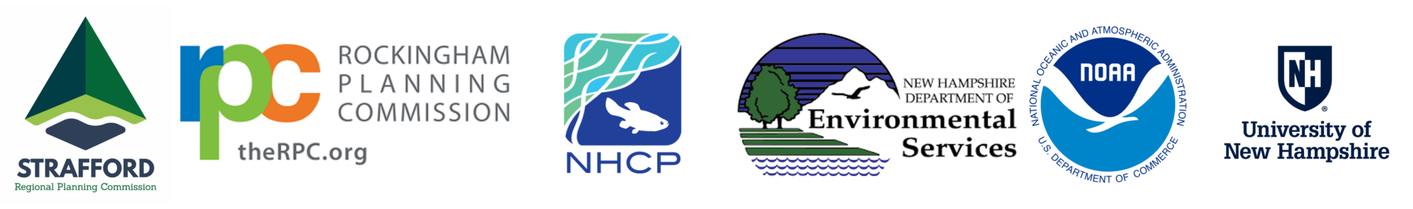 Logos for Strafford Regional Planning Commission, Rockingham Planning Commission, NH Coastal Program, NH Dept of Environmental Services, NOAA, and UNH Extensioin